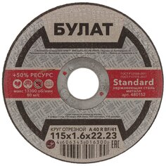 Круг отрезной по металлу, Булат, BF, диаметр 115х1.6 мм, посадочный диаметр 22.23 мм, зерн A60, тип 41, R 80 м/с