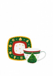Чашка с блюдцем Elan Gallery 250 мл 11,5х9х7,5 см Новогодняя елка зеленый узор