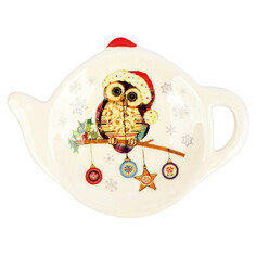 Розетки, блюда малые фигурные без ножки подставка для чайных пакетиков Owl Christmas 12х9см керамика