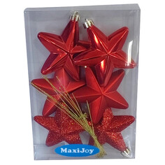 Игрушки елочные одиночные набор подвесок MAXIJOY Звезды 7,5 см 6шт пластик красный