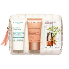 CLARINS Набор в косметичке: криомаска для лица (15мл), двойная сыворотка для кожи вокруг глаз Double Serum Eye (0,9мл), ночной крем Extra-Firming (15мл)