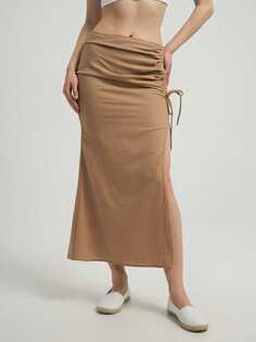 Прямая летняя льняная миди юбка с разрезом по бедру ТВОЕ