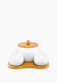 Набор для сервировки специй Elan Gallery 440 мл 16х17х8,5 см "Розы" с ложкой + солонка+ перечница на деревянной подставке
