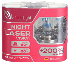 Лампа автомобильная галогенная Clearlight H4 12V-60/55W Night Laser Vision + 200%, 2 шт (MLH4NLV200) H4 12V-60/55W Night Laser Vision + 200%, 2 шт (MLH4NLV200)