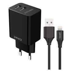 Сетевое зарядное устройство Pero TC02 Combo, 2хUSB/Lightning, 2.1A c кабелем Black (ТС02BL2AL) TC02 Combo, 2хUSB/Lightning, 2.1A c кабелем Black (ТС02BL2AL)