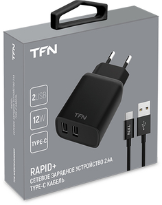 Сетевое зарядное устройство с кабелем TFN Rapid+ 2xUSB 2.4A + кабель USB-C, Black Rapid+ 2xUSB 2.4A + кабель USB-C, Black