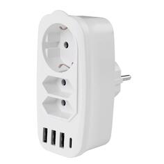 Сетевой переходник RocketSocket Adapter 3 Euro, 16A, 4хUSB-C с блоком 5В/3.1А, белый/серый (GN4603) Adapter 3 Euro, 16A, 4хUSB-C с блоком 5В/3.1А, белый/серый (GN4603)