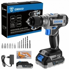 Дрель-шуруповерт аккумуляторная DEKO DKCD20V PRO в кейсе + набор 63 инструмента, 20В, 2x2.0Ач ДЕКО