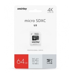 Карта памяти micro SDXC 64Gb SmartBuy Pro UHS-I U3 + ADP (90/70 Mb/s)