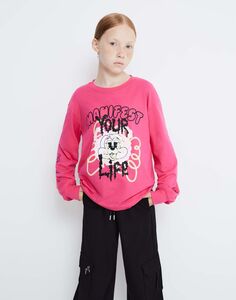 Розовый лонгслив oversize с принтом Gloria Jeans