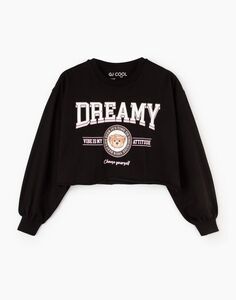 Чёрный укороченный лонгслив oversize с принтом Gloria Jeans