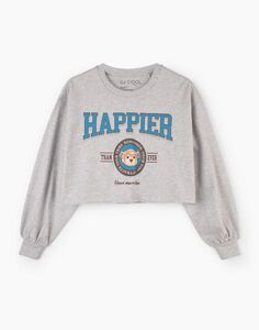 Серый укороченный лонгслив oversize с принтом Gloria Jeans
