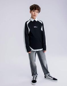 Чёрный лонгслив oversize колор-блок с принтом Gloria Jeans
