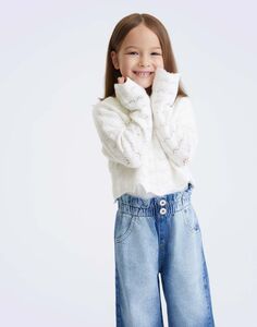 Молочный вязаный джемпер кроше для девочки Gloria Jeans