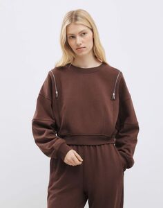 Коричневый укороченный свитшот oversize с молниями Gloria Jeans
