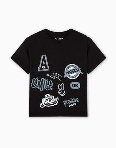 Чёрная футболка oversize с принтом для мальчика Gloria Jeans