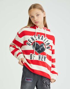 Красное худи oversize в полоску с принтом Gloria Jeans