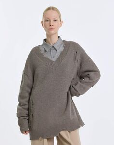 Светло-коричневый пуловер oversize с рваным дизайном Gloria Jeans