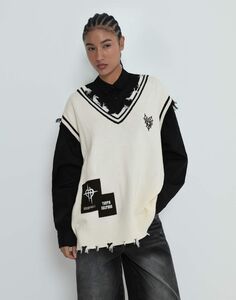 Молочный жилет oversize с порезами, патчами и вышивкой Gloria Jeans