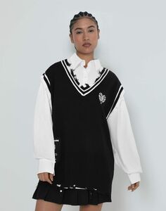 Чёрный жилет oversize с порезами, патчами и вышивкой Gloria Jeans