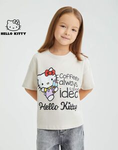 Светло-серая футболка oversize с принтом Hello Kitty для девочки Gloria Jeans