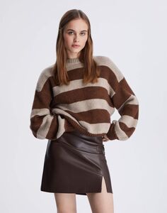 Коричневый полосатый джемпер oversize с шерстью Gloria Jeans
