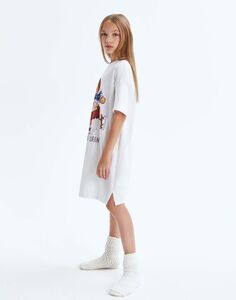 Белая сорочка oversize с принтом и разрезами по бокам Gloria Jeans