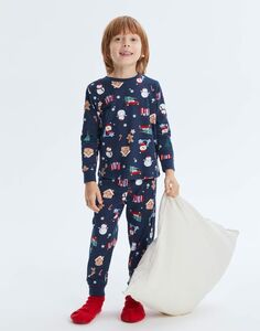 Тёмно-синяя пижама с новогодним принтом для мальчика Gloria Jeans