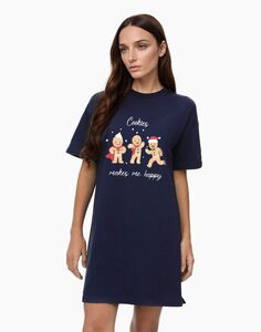 Тёмно-синяя ночная сорочка oversize с новогодним принтом Gloria Jeans