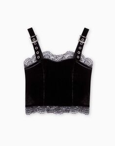 Чёрный велюровый кроп-топ с кружевом и металлическими пряжками Gloria Jeans