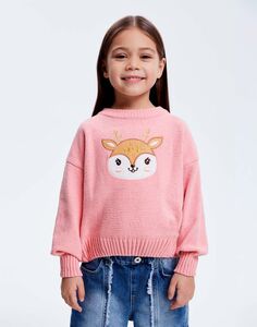 Розовый джемпер oversize из синели с аппликацией для девочки Gloria Jeans