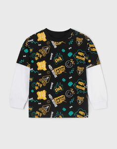 Чёрный лонгслив oversize с принтом для мальчика Gloria Jeans