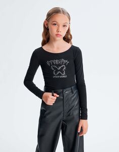 Чёрный укороченный лонгслив со стразами Gloria Jeans