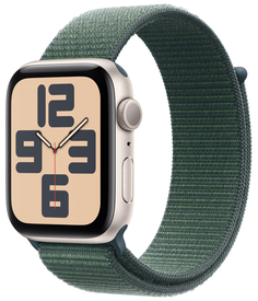 Бренд Apple Watch SE 2024, 44 мм, корпус из алюминия цвета «сияющая звезда», спортивный браслет зеленого цвета