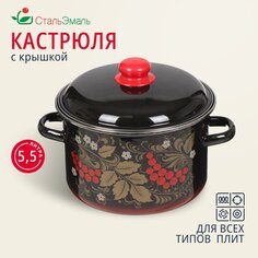 Кастрюля эмалированная сталь, 5.5 л, с крышкой, крышка сталь, СтальЭмаль, Рябина, 7RD221M/7RD221S, индукция