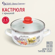 Кастрюля эмалированная сталь, 2.5 л, с крышкой, крышка стекло, Сантэкс, Прованс, 1-2425112, индукция САНТЕКС