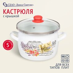 Кастрюля эмалированная сталь, 5 л, с крышкой, крышка стекло, Сантэкс, Прованс, 1-2450112, индукция САНТЕКС