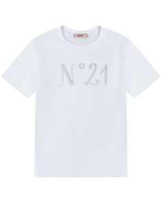 Белая футболка с лого из стразов No. 21