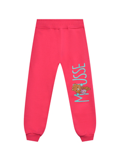 Брюки спортивные с логотипом и принтом мишка, фуксия Mousse Kids