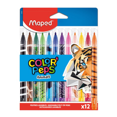 Фломастеры смываемые 12 цветов, корпус с декором ANIMALS Maped