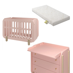 5 в 1 Комплект мебели BABY CHIPAK Детская кроватка, комод Розовый, Матрас и маятник