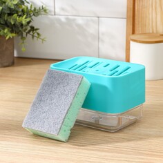 Дозатор для моющего средства с подставкой для губки raccoon, губка в комплекте, цвет бирюзовый