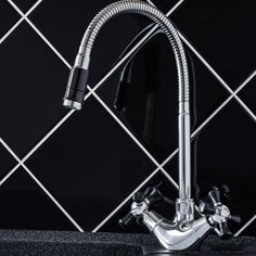 Смеситель для кухни, РМС, гибкий излив, с кран-буксой, черный, SL92BL-279F