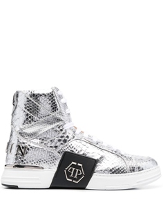 Высокие кроссовки с тиснением под кожу змеи Philipp Plein, серебристый