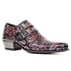 Кожаные туфли с пряжкой New Rock Vintage красные с цветочным принтом-7960-S6 New Rock, черный