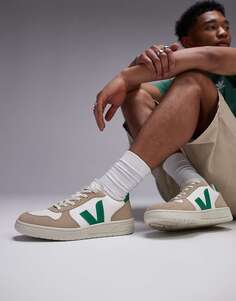 Кроссовки VEJA V-10 из кожи без хрома изумрудно-зеленого, экстра-белого и бежевого цвета Сахары