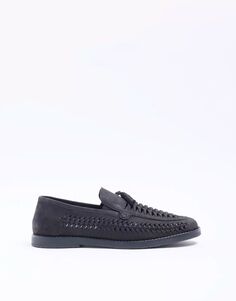 Черные лоферы с помпоном и плетеной отделкой River Island