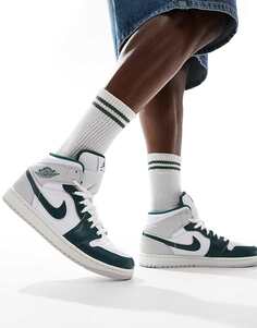 Средние кроссовки Air Jordan 1 белого, серого и темно-зеленого цвета