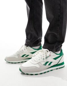 Белые кроссовки Reebok Classic Leather 1983 Vintage с зеленой отделкой