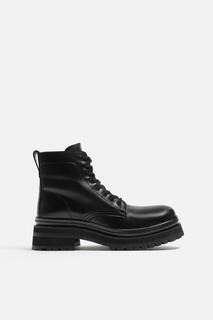 Кожаные ботинки на шнуровке ZARA, черный